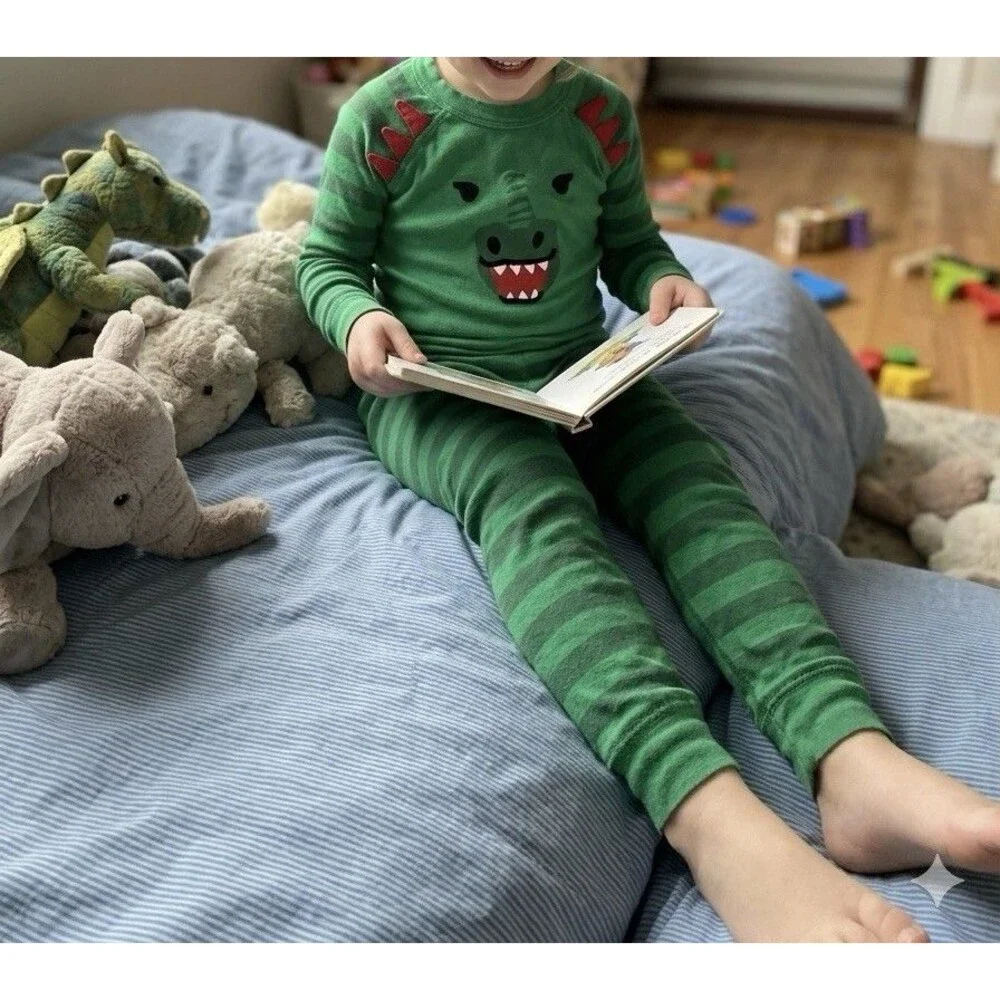 Hanna Andersson Green Dragon Long John Pajamas Size 110 US 5 100% Organic Cotton